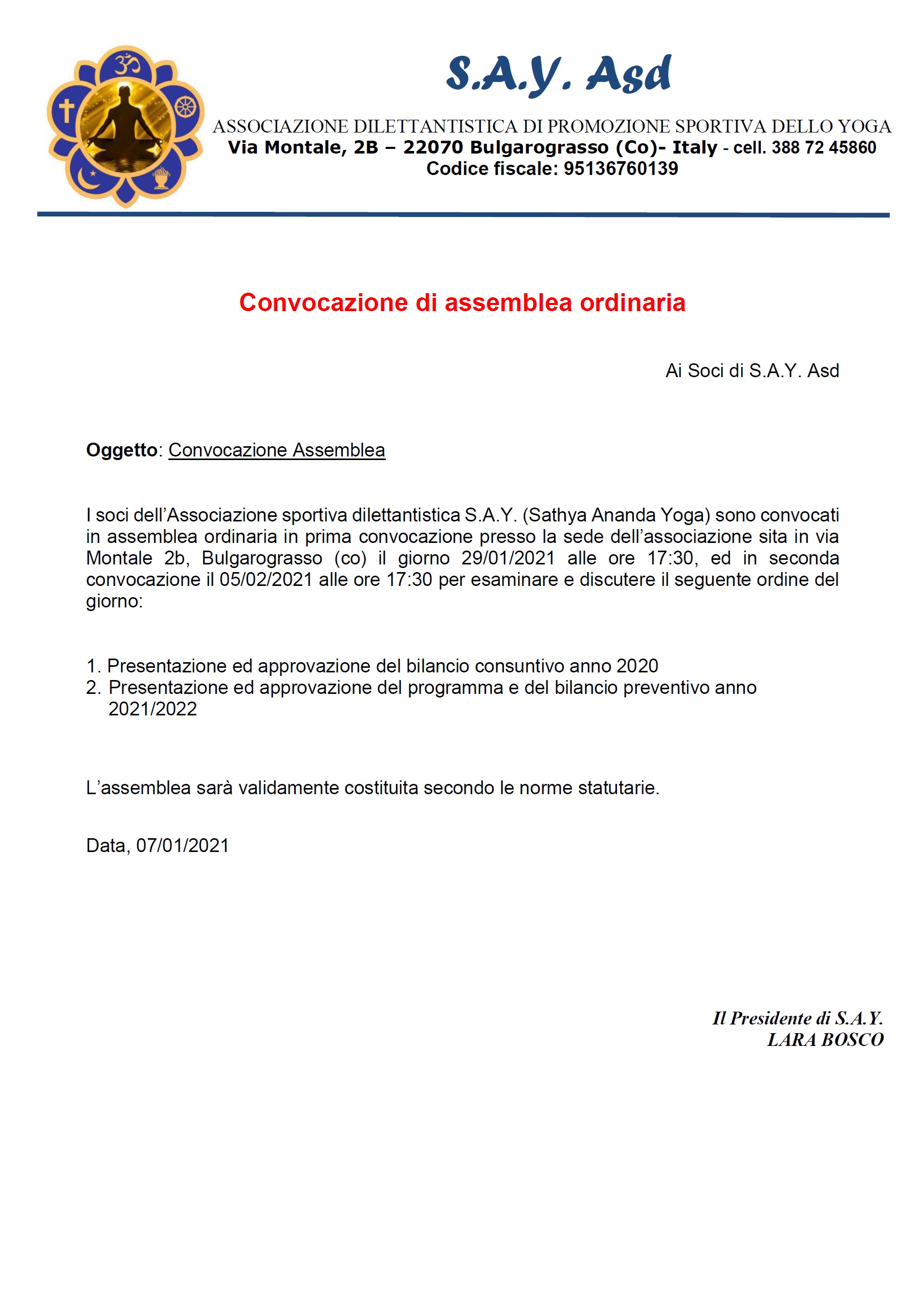 CONVOCAZIONE ASSEMBLEA ORDINARIA SOCI 2021